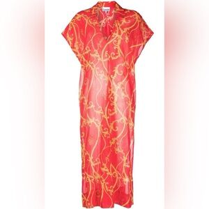 Ganni Red & Gold Printed Sheer Swim Coverup Caftan